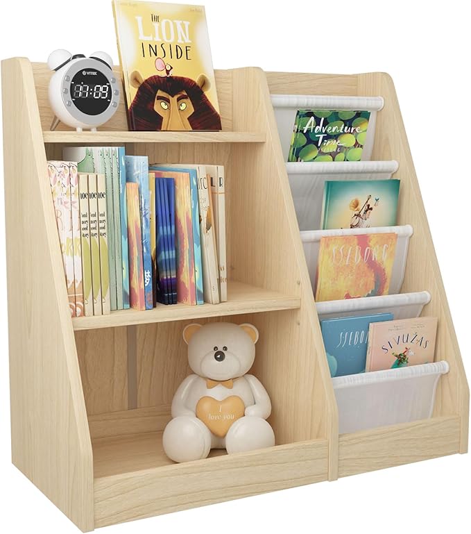 4 Tier Kids Wooden Bookshelf,Five Layer Sling Bookcase,Baby Storage Book Rack,Kids