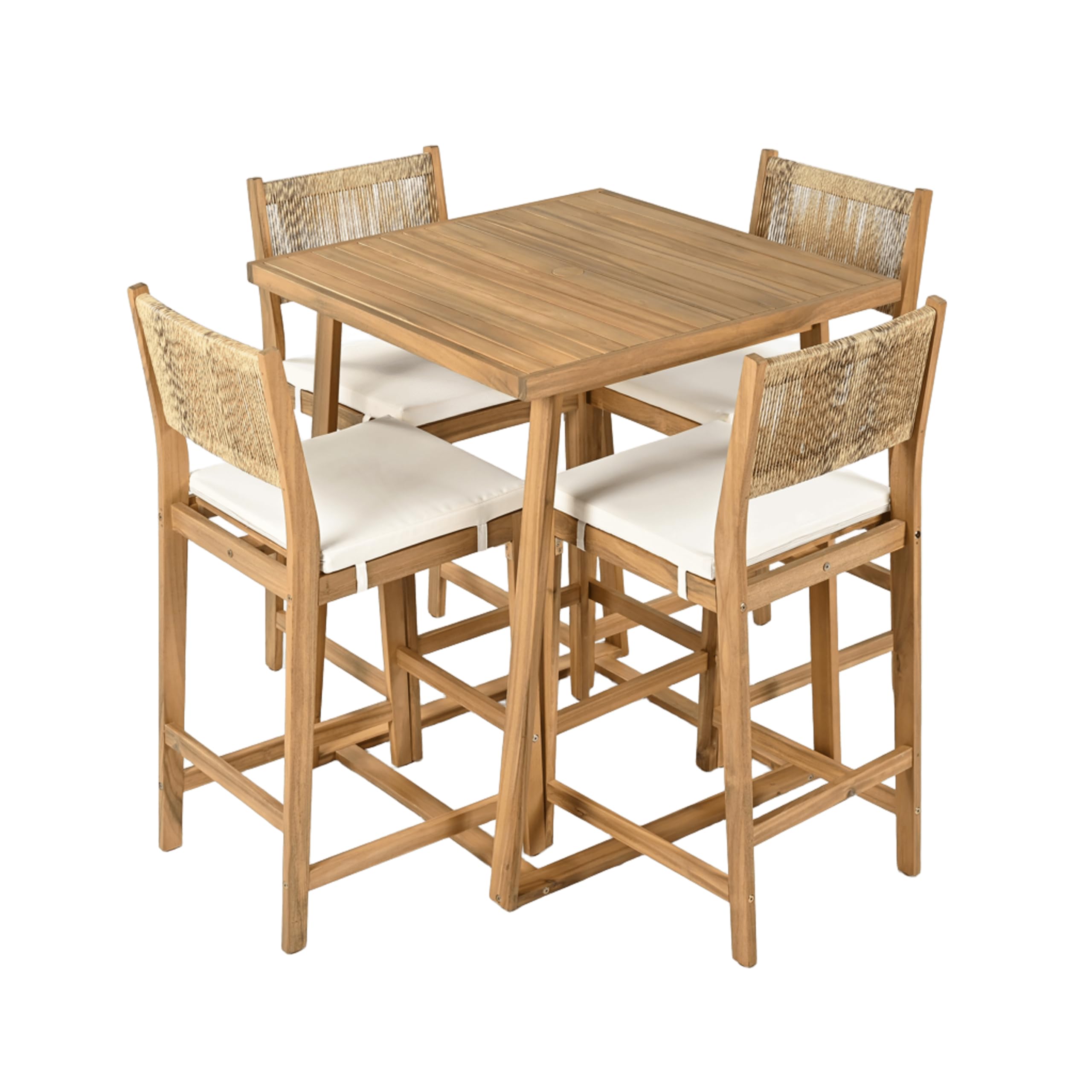 5 Pieces Acacia Wood Outdoor Patio Bar Set with Modern Boho Bar Height Chair Bar Table