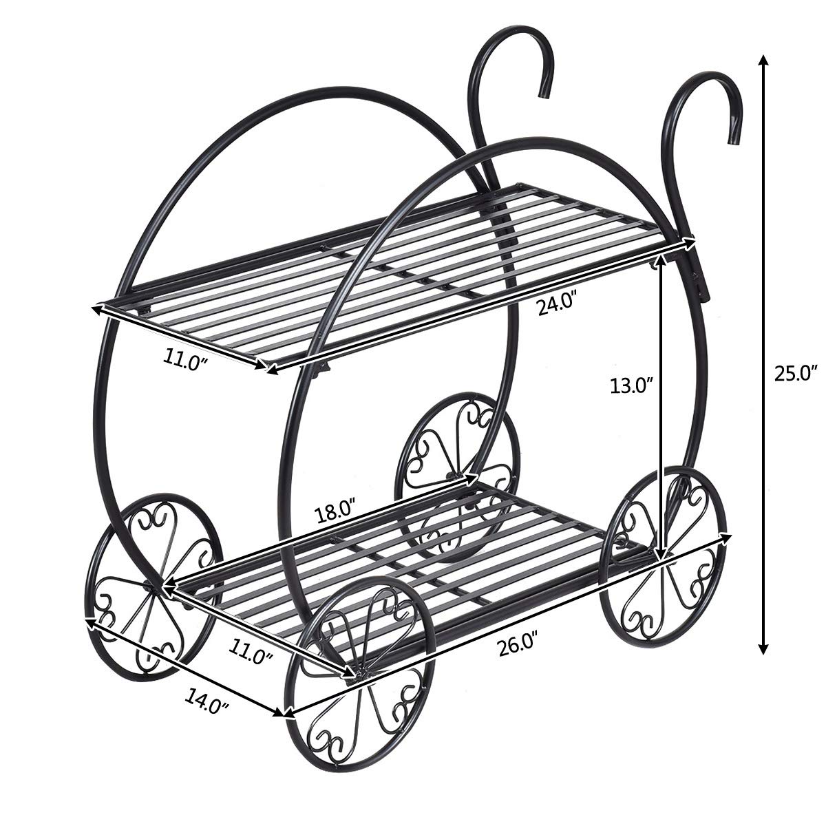 Garden Cart Metal Plant Stand with 4 Decorative Wheels, Succulent