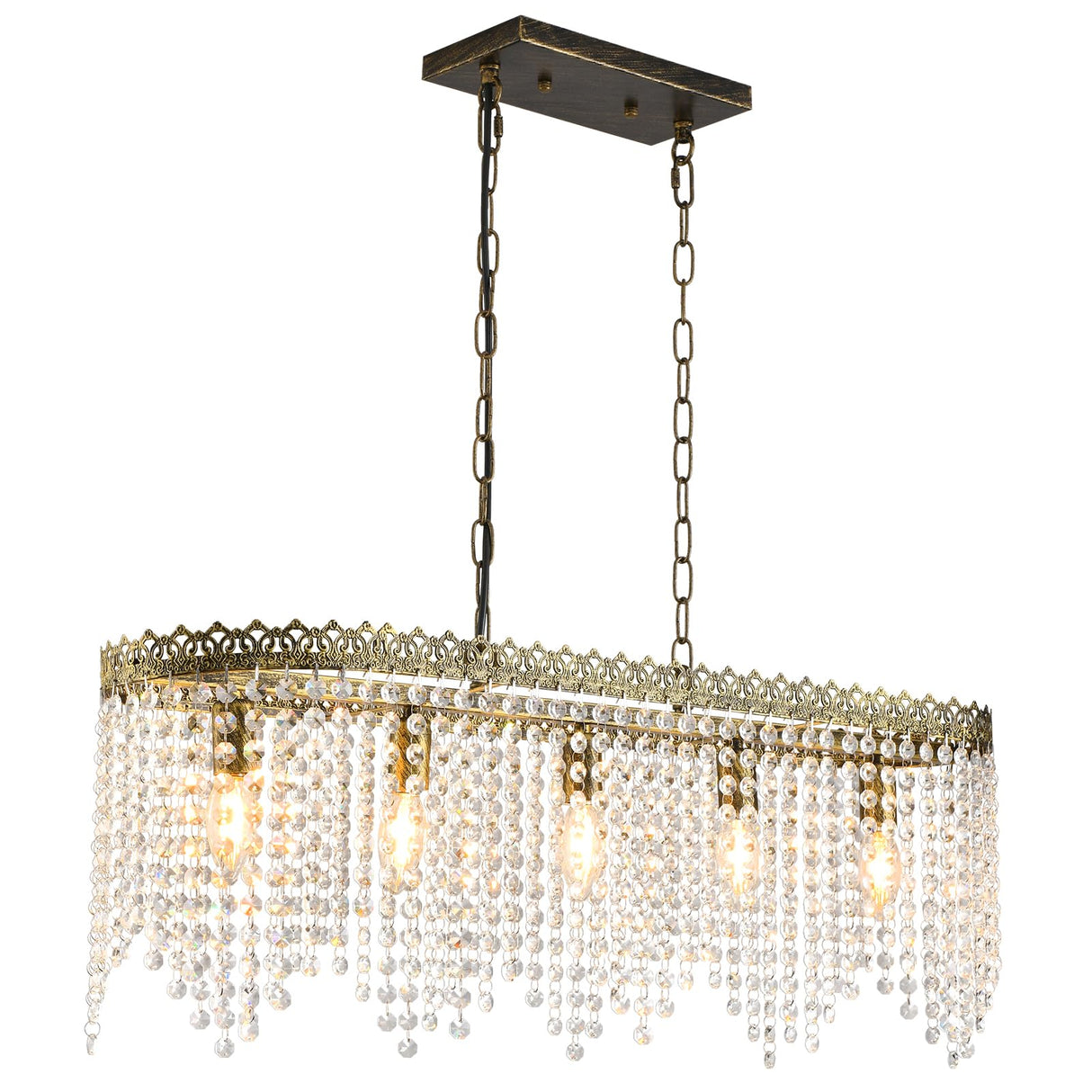KAIQI 5 Lights Rectangle Oval K9 Crystal Chandelier Antique Bronze Pendant Light Fixture for Dining Room, Living Room, Pool Table Light, Kitchen Island Lighting，L31.5Inchs x W8.66Inchs x H11Inchs