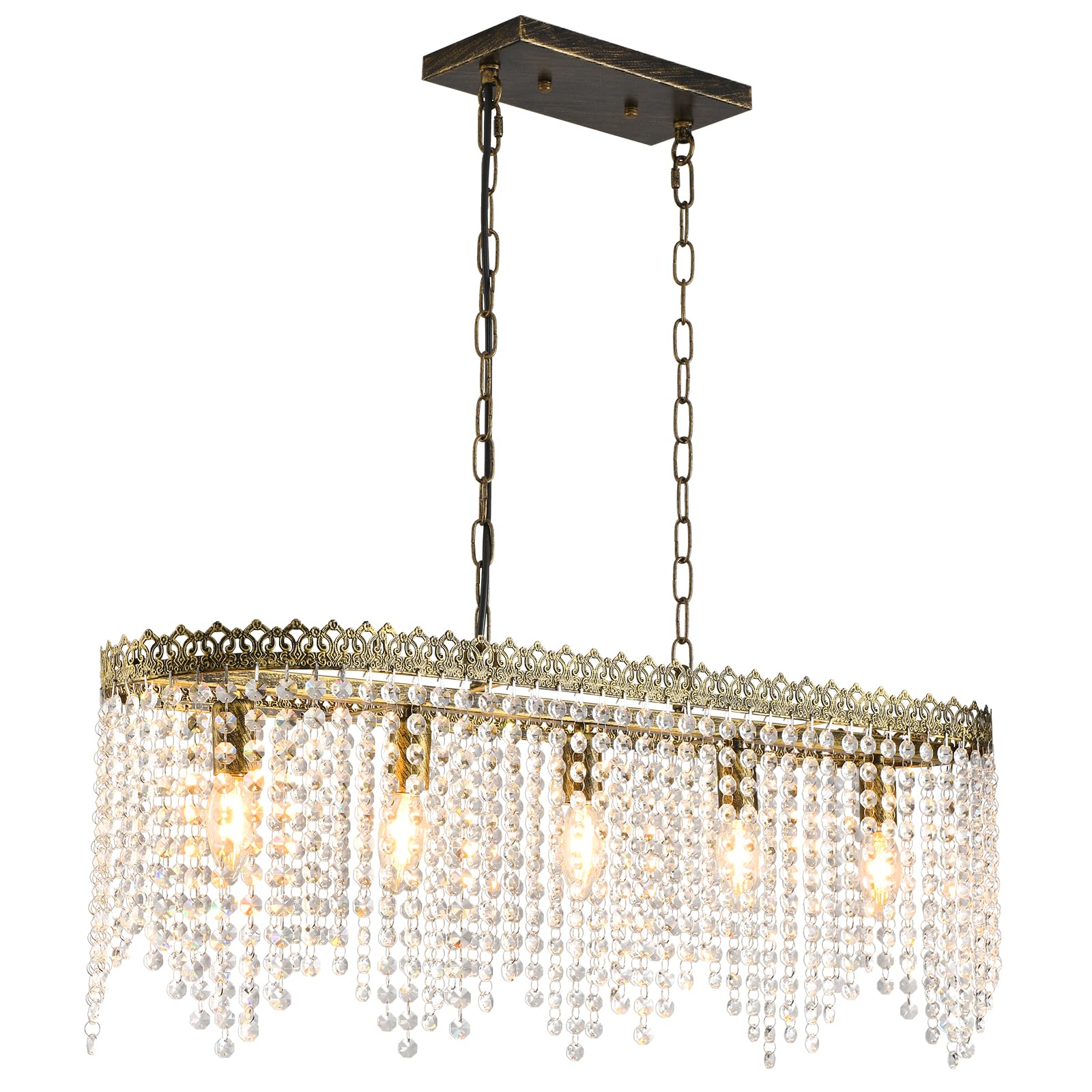 KAIQI 5 Lights Rectangle Oval K9 Crystal Chandelier Antique Bronze Pendant Light Fixture for Dining Room, Living Room, Pool Table Light, Kitchen Island Lighting，L31.5Inchs x W8.66Inchs x H11Inchs