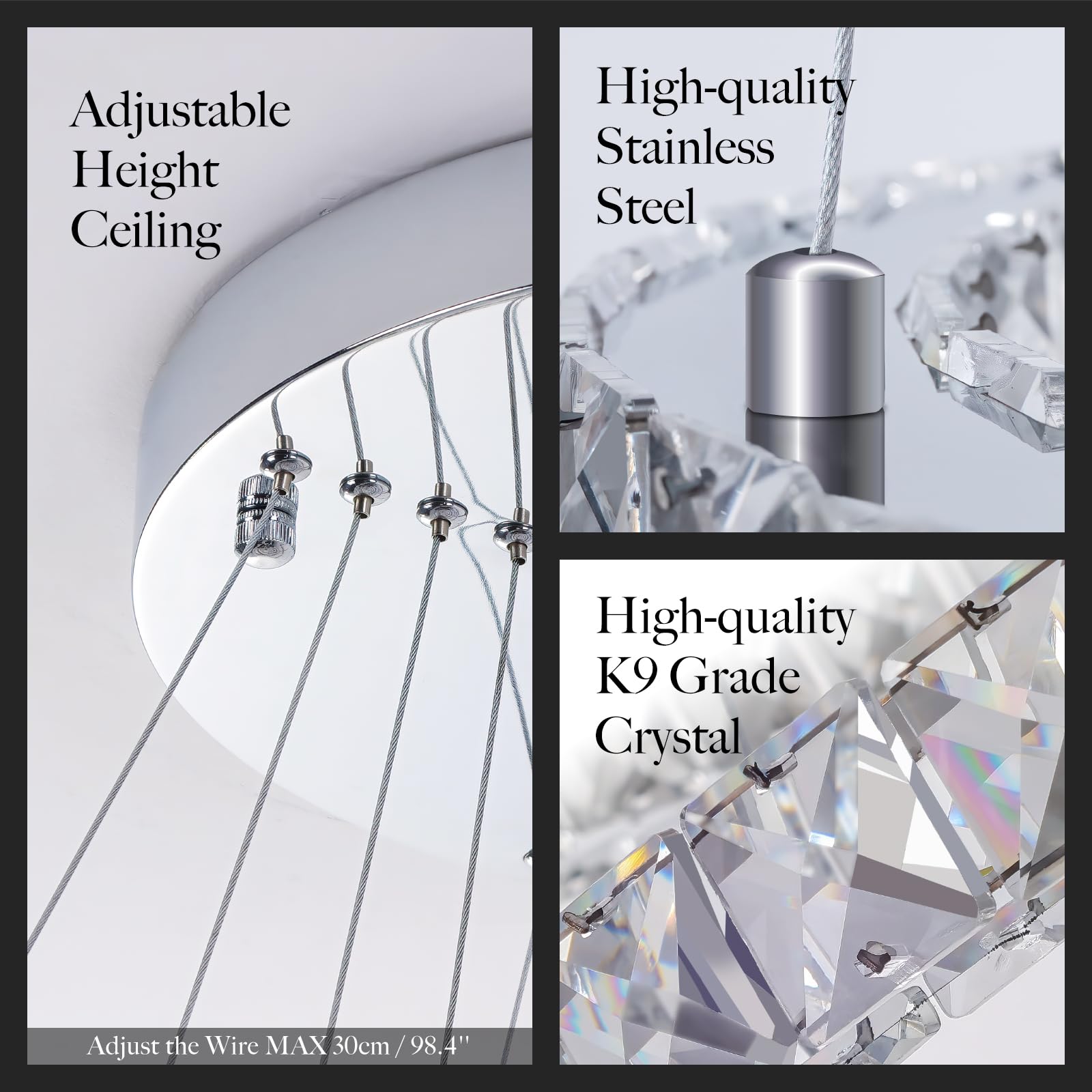 LED Chandelier, 3 Ring Crystal Chandelier Dimmable Adjustable Height Stainless Steel