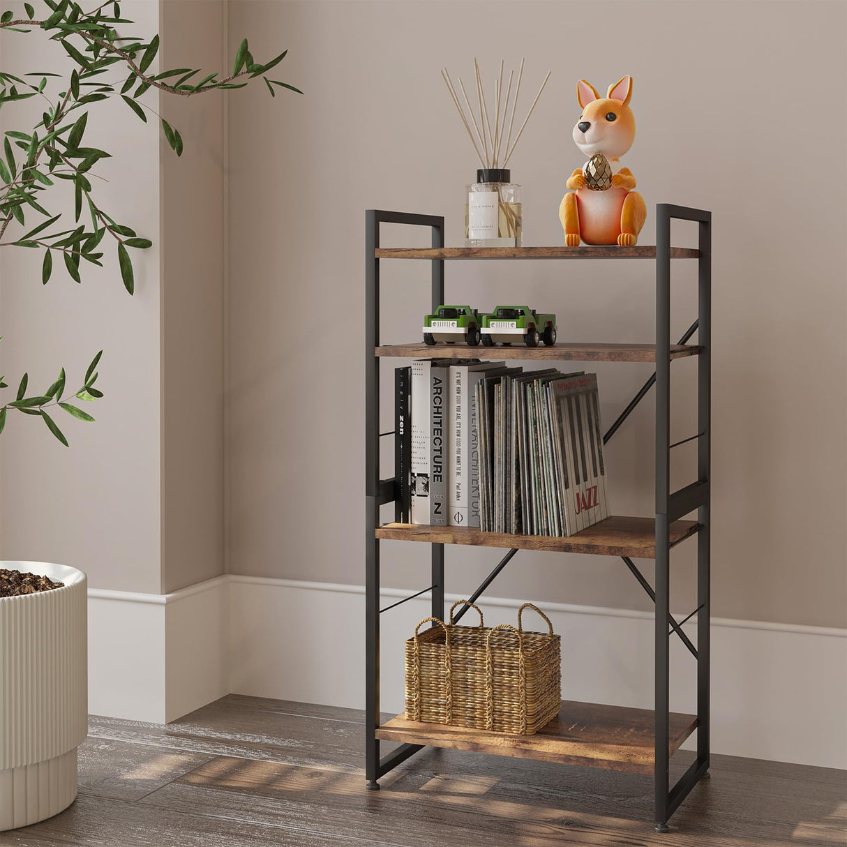 4 Tiers Bookshelf Adjustable Shelf Organizer, Rustic Brown Small Bookcase