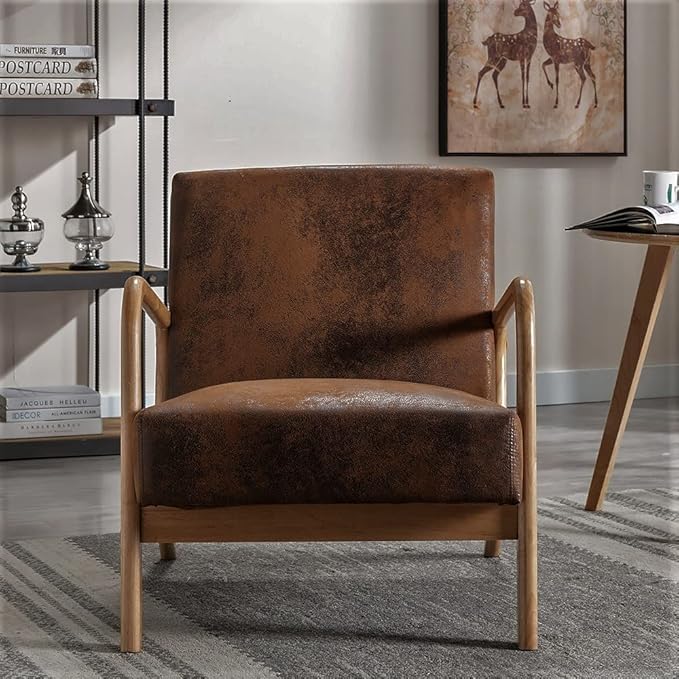 Classic Mid Century Modern Accent Chairs for Living Room or Bedroom, Espresso Finish Open-Framed Armchair with Plush Cushioning Microfiber Upholstery, Brown