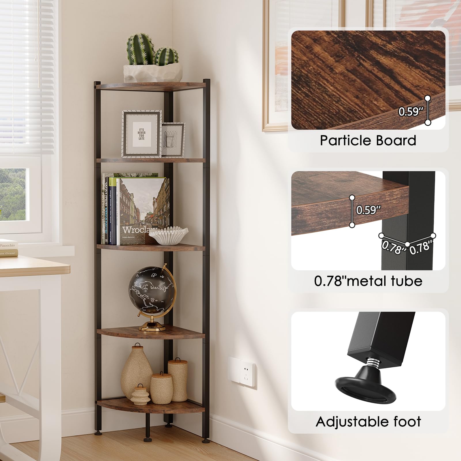 Apicizon 5 Tier Corner Shelf, Industrial Tall Standing Corner Bookshelf, Metal Frame Plant Display Stand Organizer for Wall Corner, Living Room, Bedroom, Bathroom Kitchen, Brown