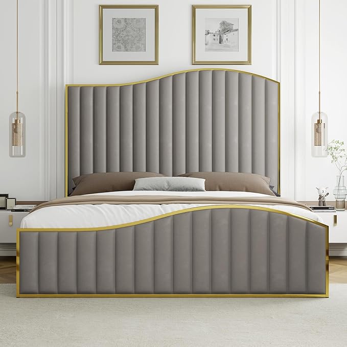 Queen Size Harp Bed Frame, Velvet Upholstered Platform Bed with 61.4" Vertical Channel