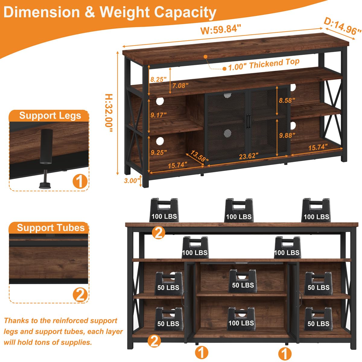 Tall TV Stand for TVs up to 65 Inch, Industrial Wood Entertainment Center with Storage