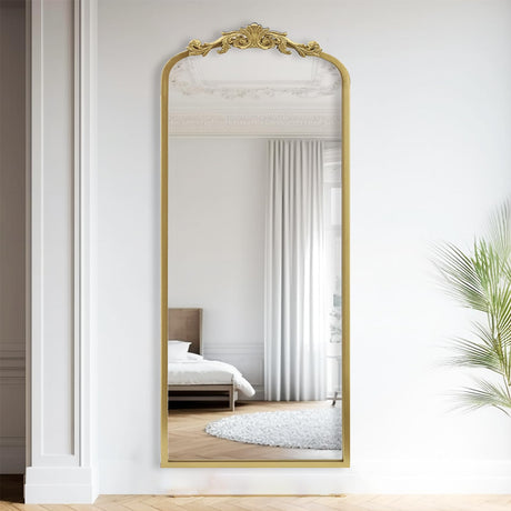 Vintage Gold Antique Arched Full Length Floor Mirror 22"X65",Traditional Elegant Baroque Floor Body Mirror with Ornate Matel Frame, French Wall Mirror for Dressing/Living Room/Hallway