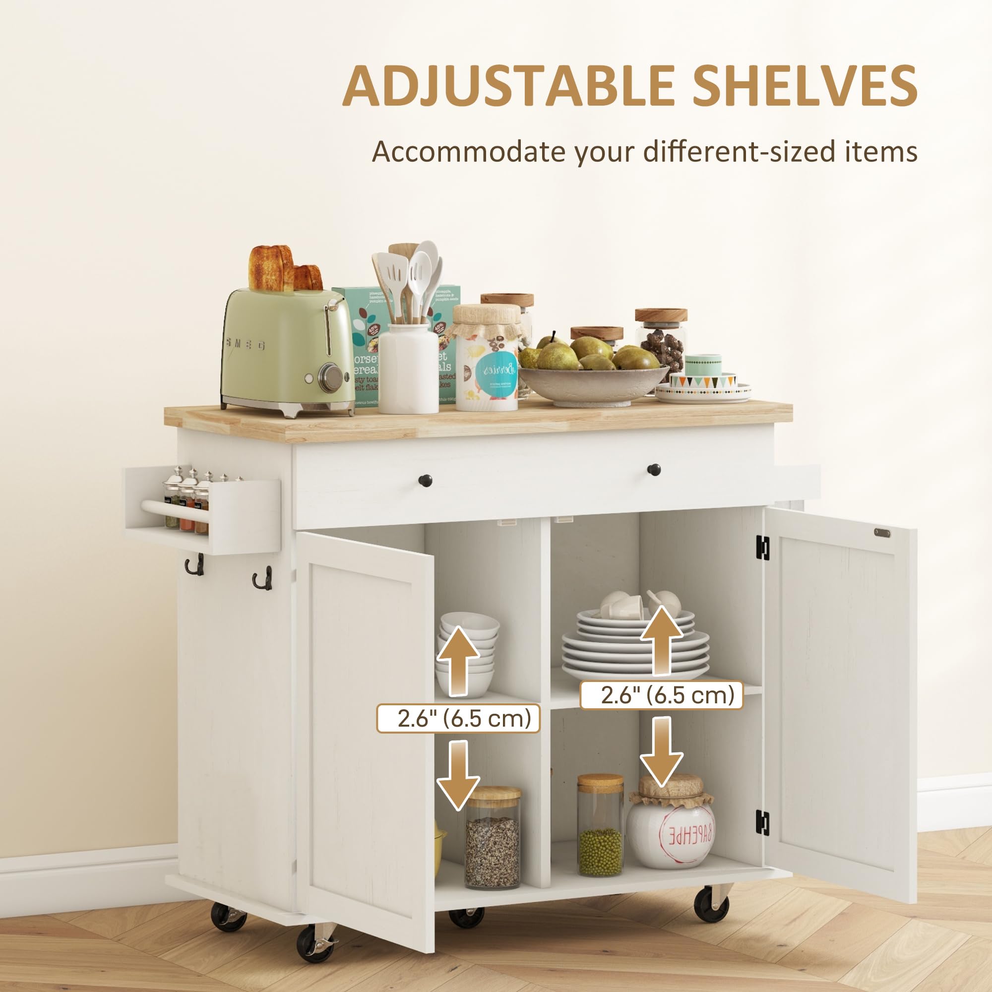 Kitchen Island with Storage, Farmhouse Rolling Kitchen Island Cart on Wheels