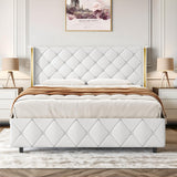 Upholstered Full Size Bed Frame with Diamond Headboard, Faux Leather Low Profile