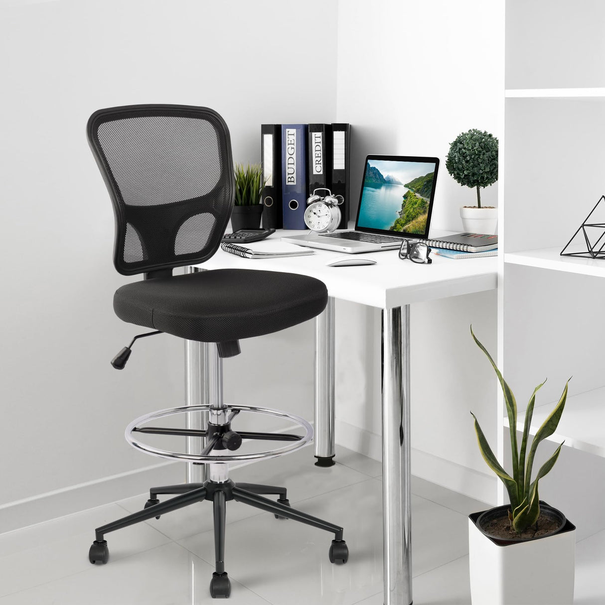 Ergonomic Drafting Chair with Footrest - Adjustable Height Tall Office Stool