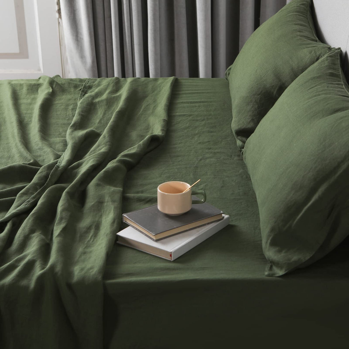 Green Linen Sheets Queen Size, 100% Washed French Flax Organic Linen Sheets