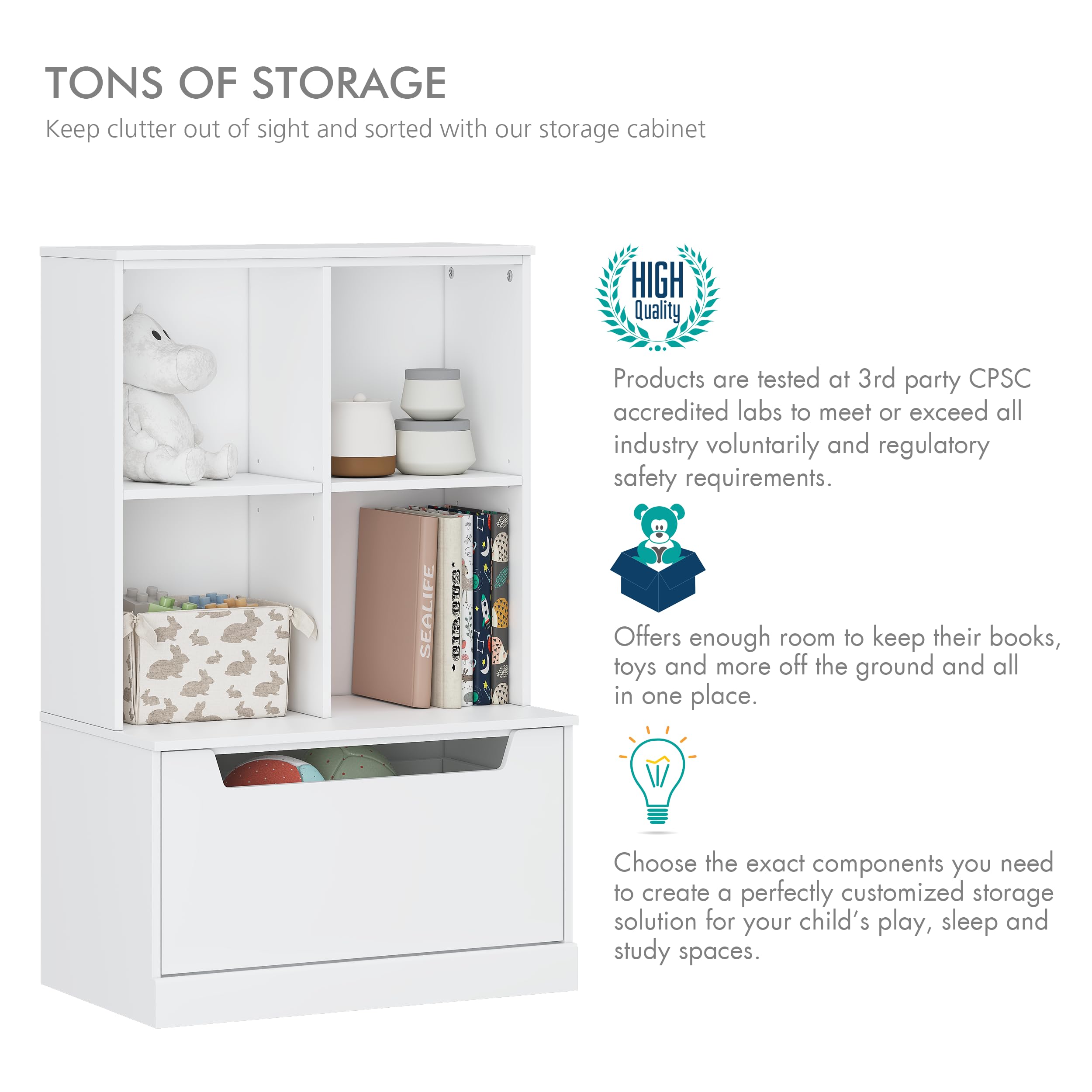 Kids Bookshelf and Toy Storage Organizer, Toddlers Bookcase with Cubbies, Adjustable