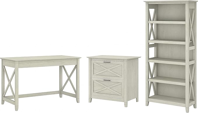Key West 48W Writing Desk with 2 Drawer Lateral File Cabinet and 5 Shelf Bookcase