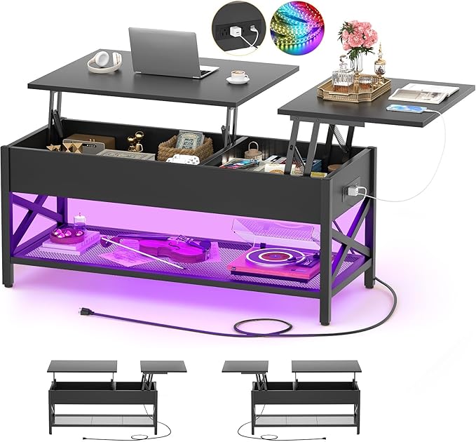 Coffee Table, Lift Top Coffee Table with LED Light and Power Outlet
