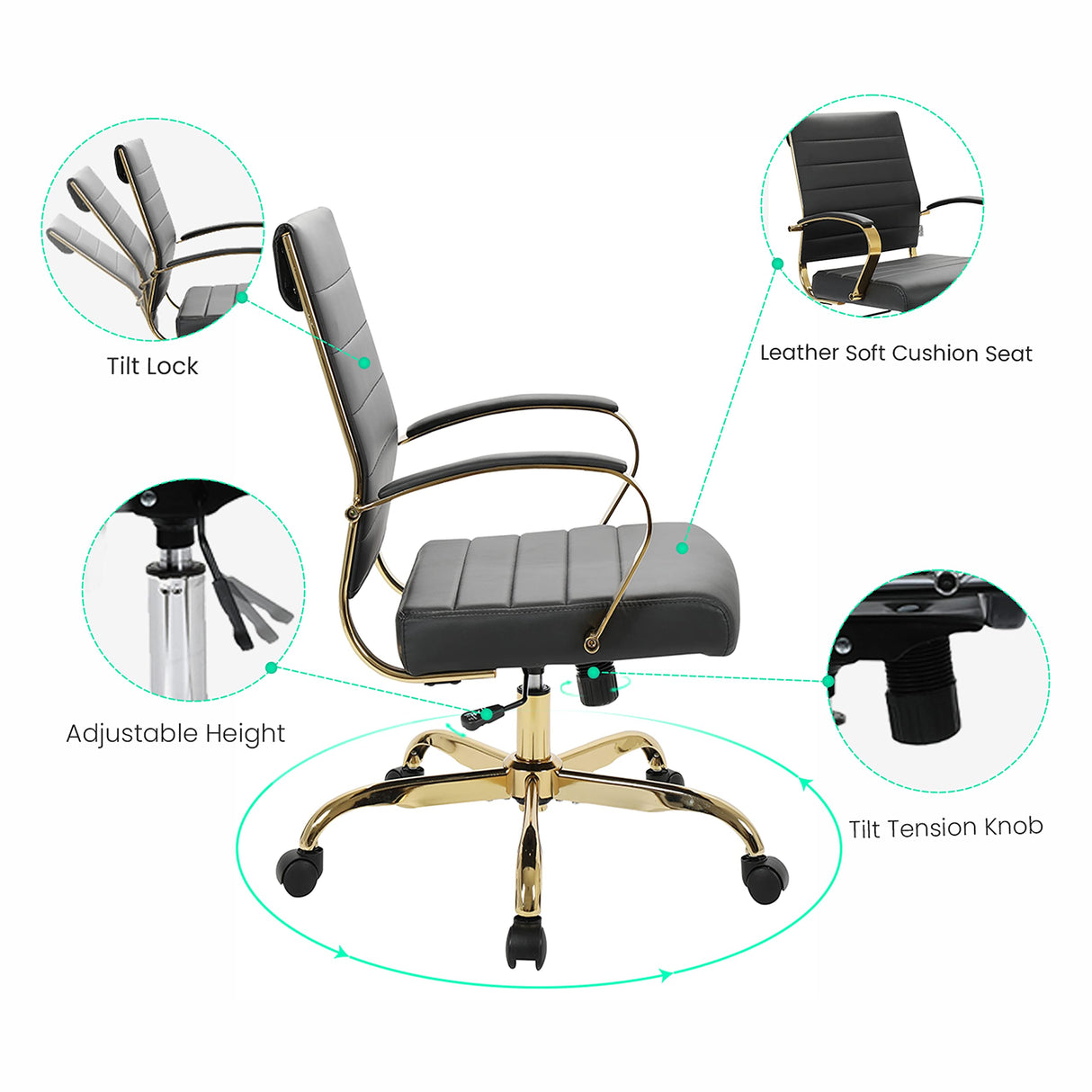 Mid-Back Ergonomic Office Chair with Lumbar Support - Black Leather Gold Frame