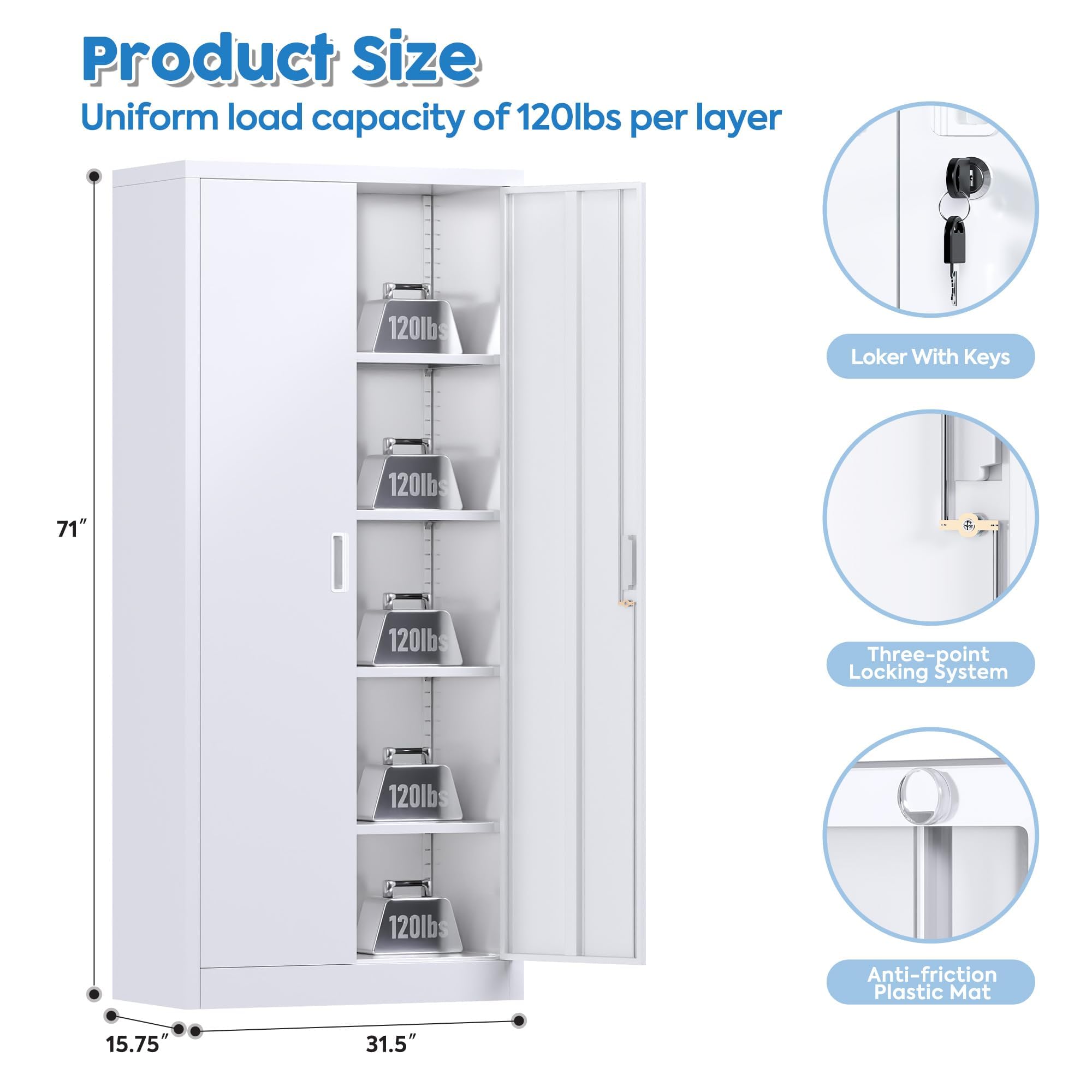 SPKAPO Metal Storage Cabinet with 2 Doors,72" Steel Garage Cabinets with 4 Adjustable Shelves for Home Office Garage School,Assembly Required,White