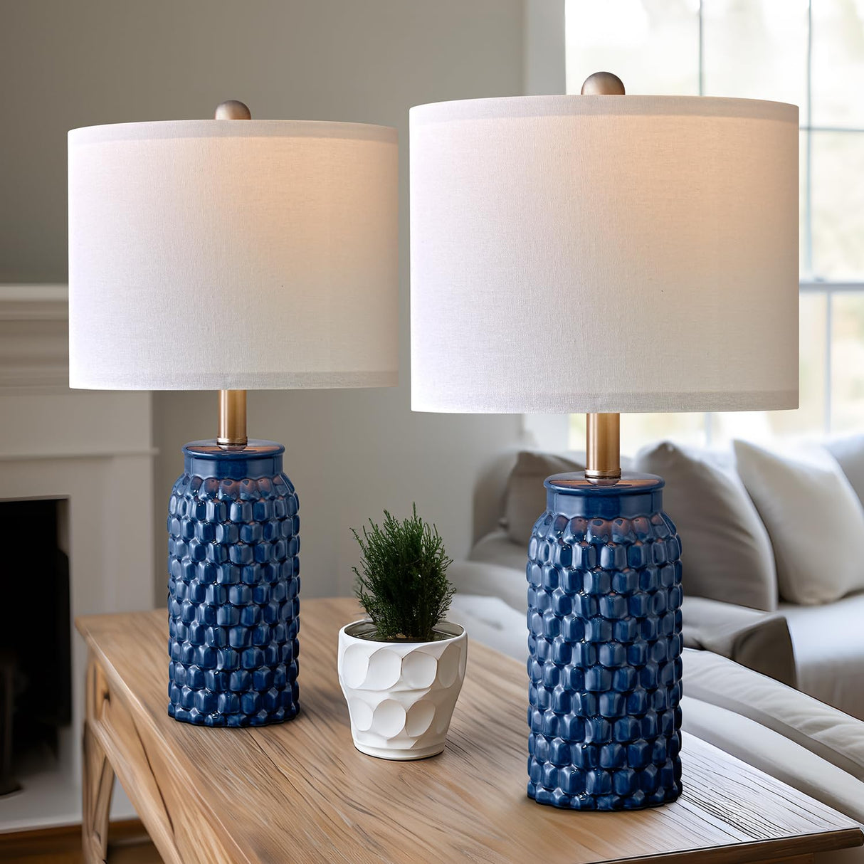 20.5 inches Modern Ceramic Dark Blue Bedside Lamp Set of 2 for Bedroom