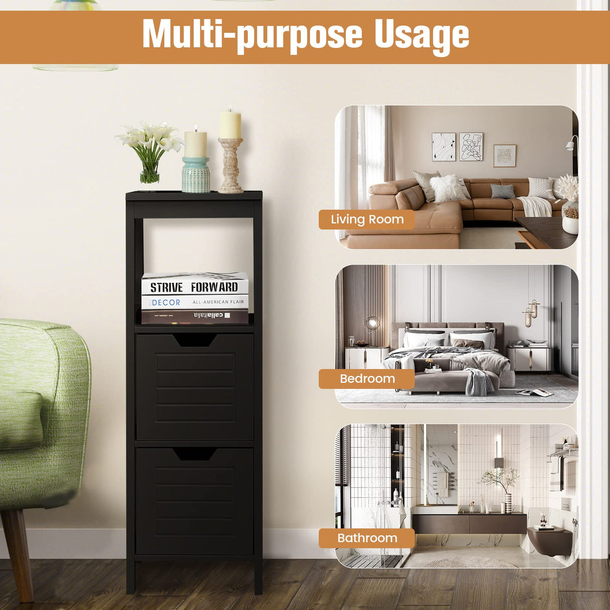 Bathroom Storage Cabinet, Freestanding Wooden Side Storage Cabinet with 2 Adjustable Drawers,