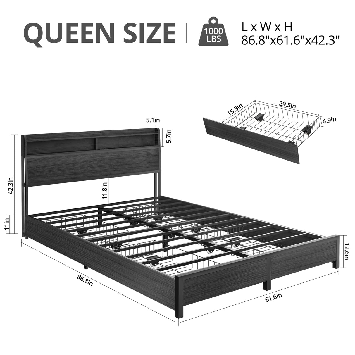 Queen Bed Frame with Storage Headboard and 4 Drawers, Metal Platform Bed Frame