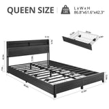 Queen Bed Frame with Storage Headboard and 4 Drawers, Metal Platform Bed Frame