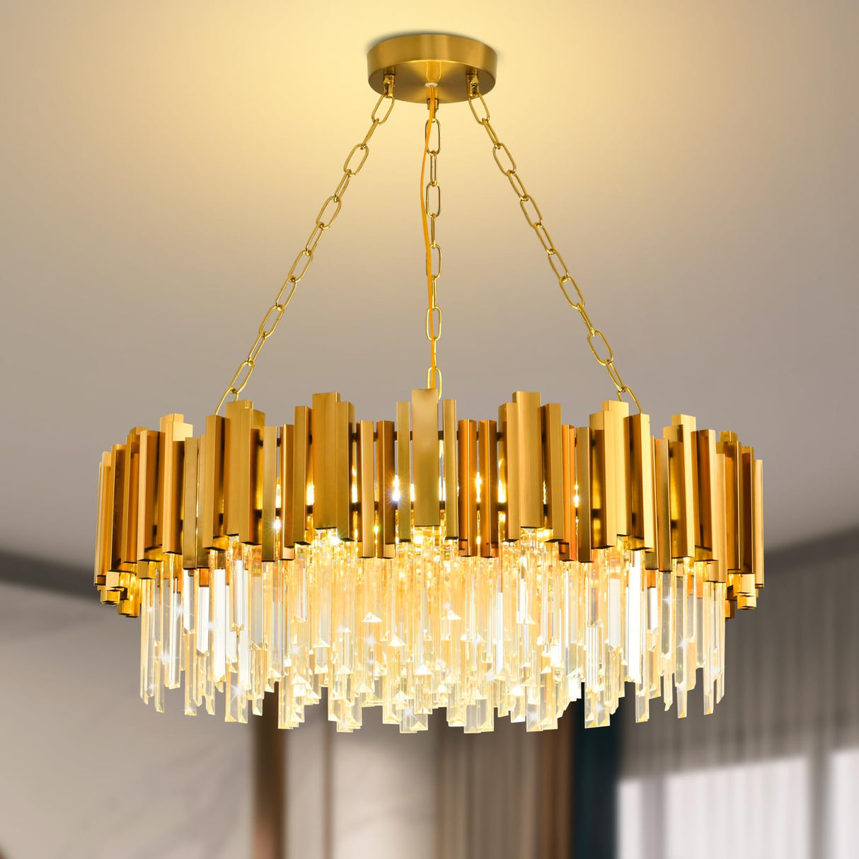 Modern Gold Crystal Chandelier Hanging Ceiling Light Fixture 12 Lights Round Crystal