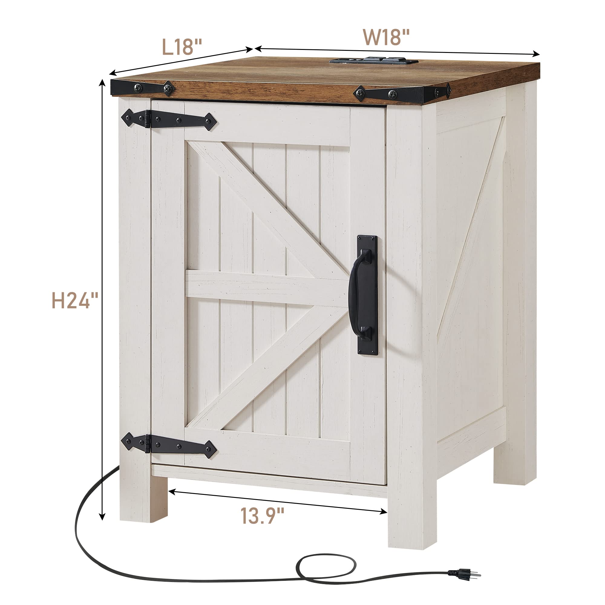 Nightstand with Charging Station, 18 Inch Farmhouse End Table