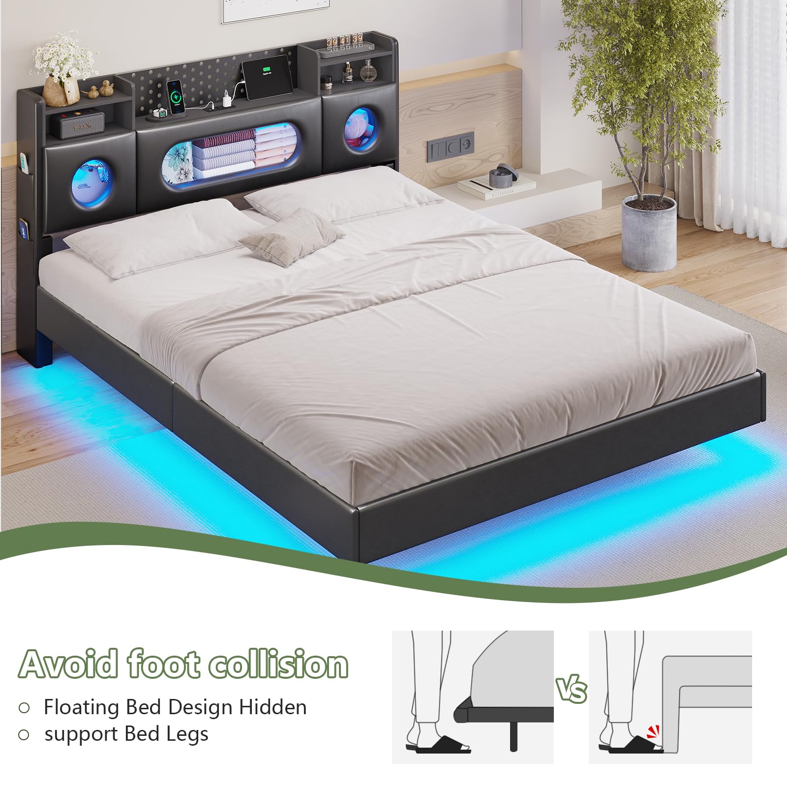 Floating Queen Bed Frame with LED Lights & Charging Station