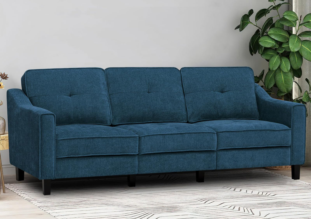 84” Fabric 3-Seaters Sofa with Tufted Backrest, Chenille Modern Sofa with Stable Wooden Legs, Upholstered Couch for Living Room, Apartment, Office, Blue