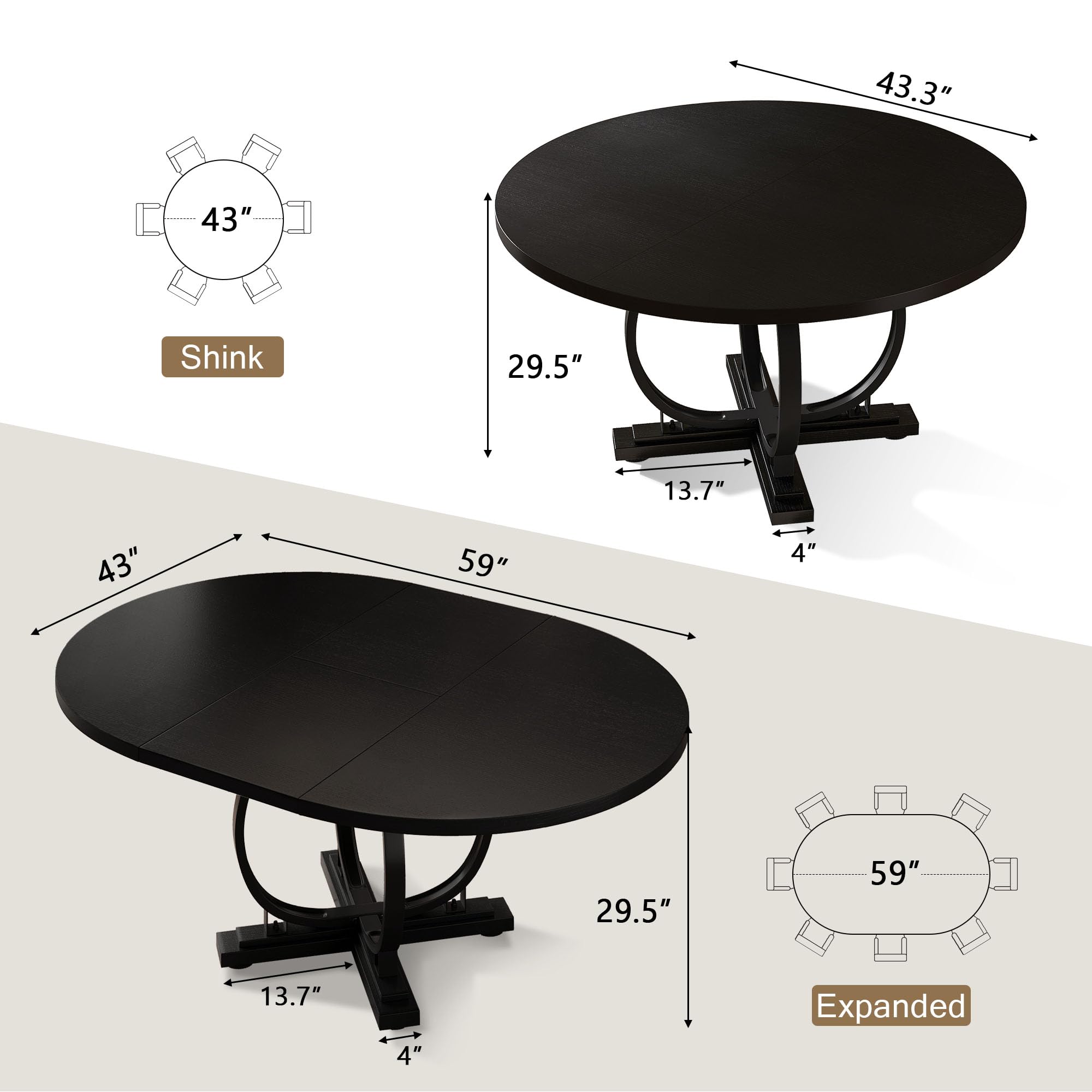 59" Round Extendable Dining Table for 4-6 People