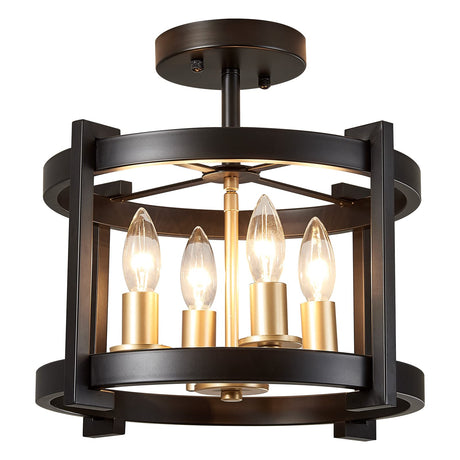 4-Light Semi Ceiling Light Flush Mount BK+GD Farmhouse Rustic Vintage
