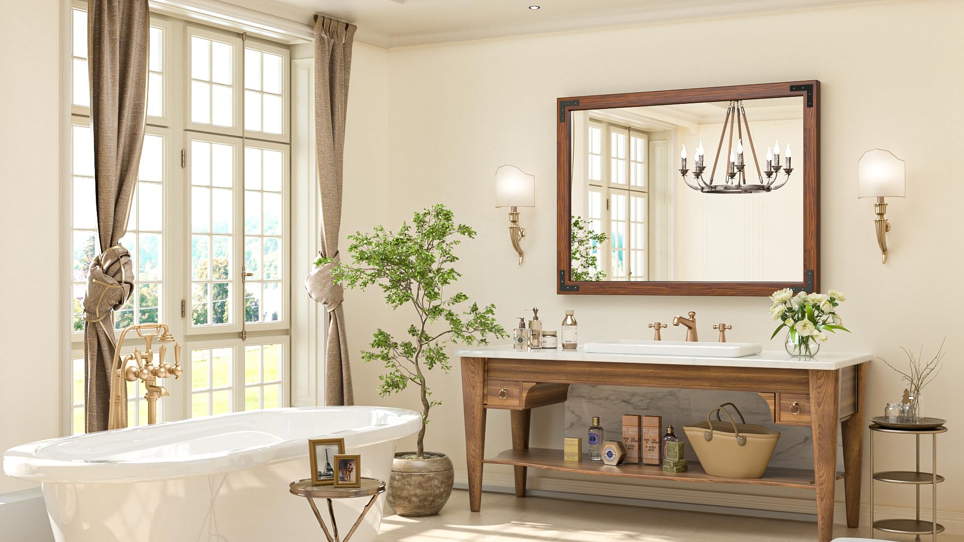 40 x 30 Inches Wood Frame Mirror for Wall, Dark Brown Walnut Wood Farmhouse Bathroom