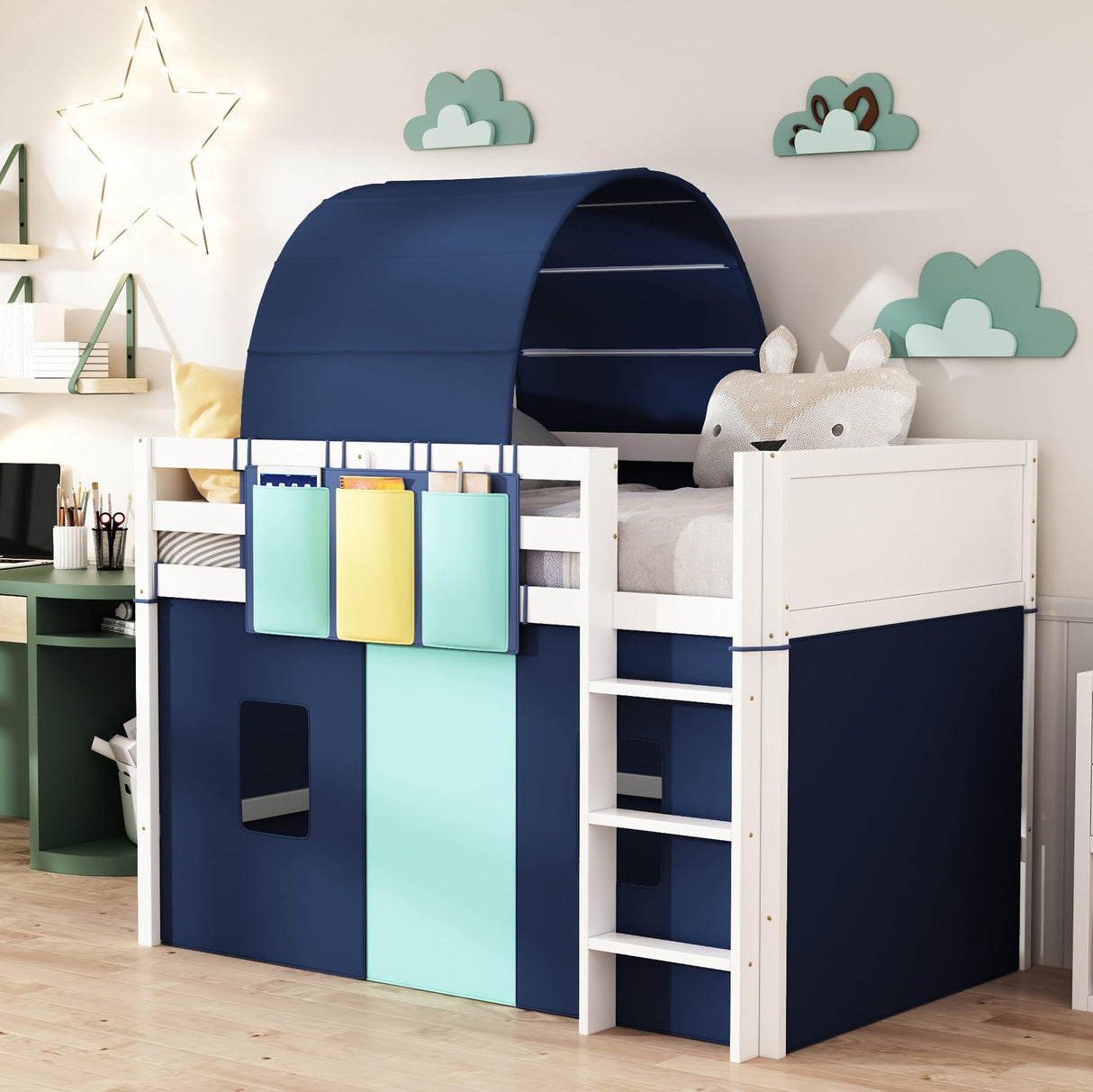 Playhouse Twin Size Loft Bed with Tent and Tower