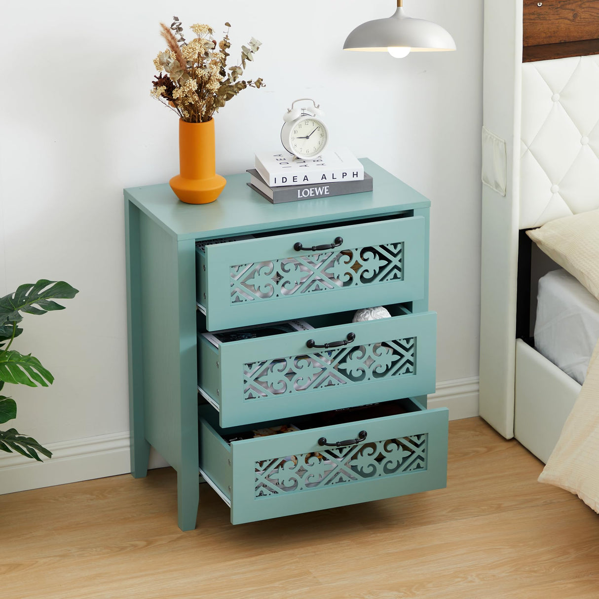 3 Drawers Dresser with Hollow Carving Decoration, Modern Chest of Drawers