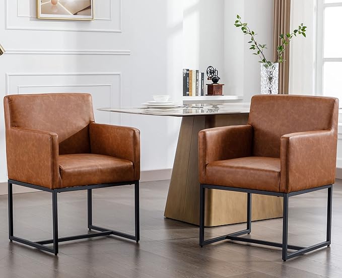 Linen Upholstered Dining Chairs with Arms Set of 2, Mid Century Modern Padded Kitchen Chairs