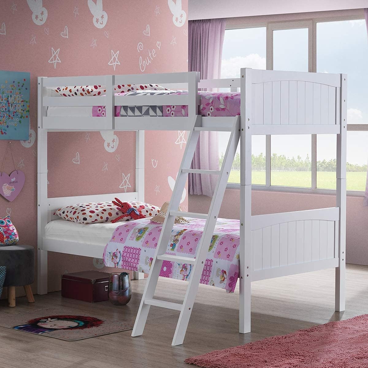 Twin Bunk Beds with Ladder and Safety Rail, Rubber Wood Bunk Bed Convertible Into 2 Single Beds for Kid