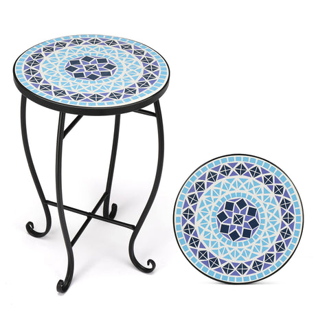 VINGLI Mosaic Accent Table, 14" Round Side Table,End Table, Plant Stand Decor for Patio Porch Beach Theme Balcony Back Deck Pool Indoor Outdoor Coffee, Metal Cobalt Glass Top Black Iron(Blue Ocean) - Bircata