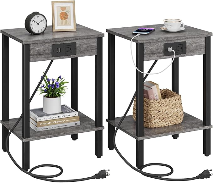 Set of 2 End Table with Charging Station, Narrow Side Table with USB Ports and Outlets,