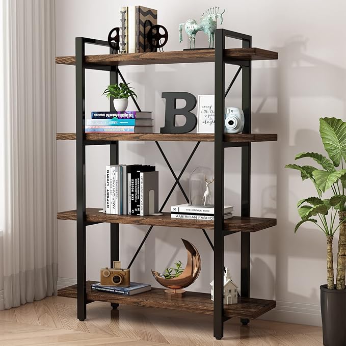 Industrial Style Solid Wood Bookcase and Book Shelves,Rustic Wood and Metal Shelving Unit， Living Room,Modern Rustic Open Industrial Book Shelf Office,Distressed Brown (AY-02-5Tier)