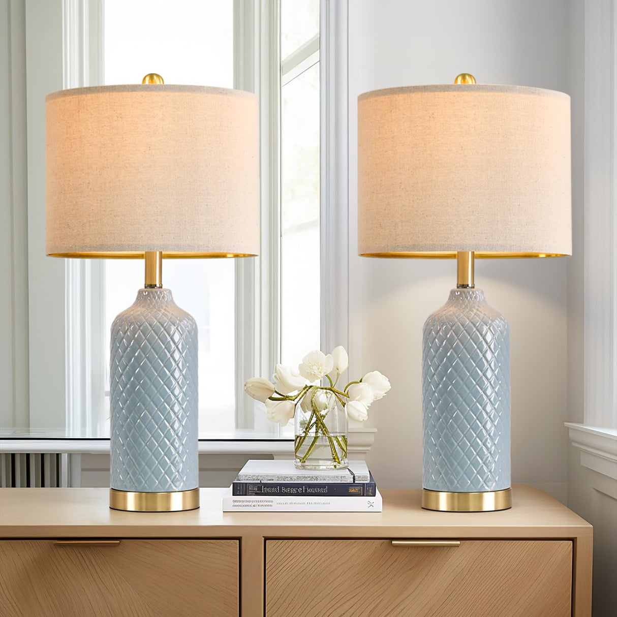 24.25" Table Lamps Set of 2 Modern Ceramic Blue Lamps for Living Room Farmhouse Beds