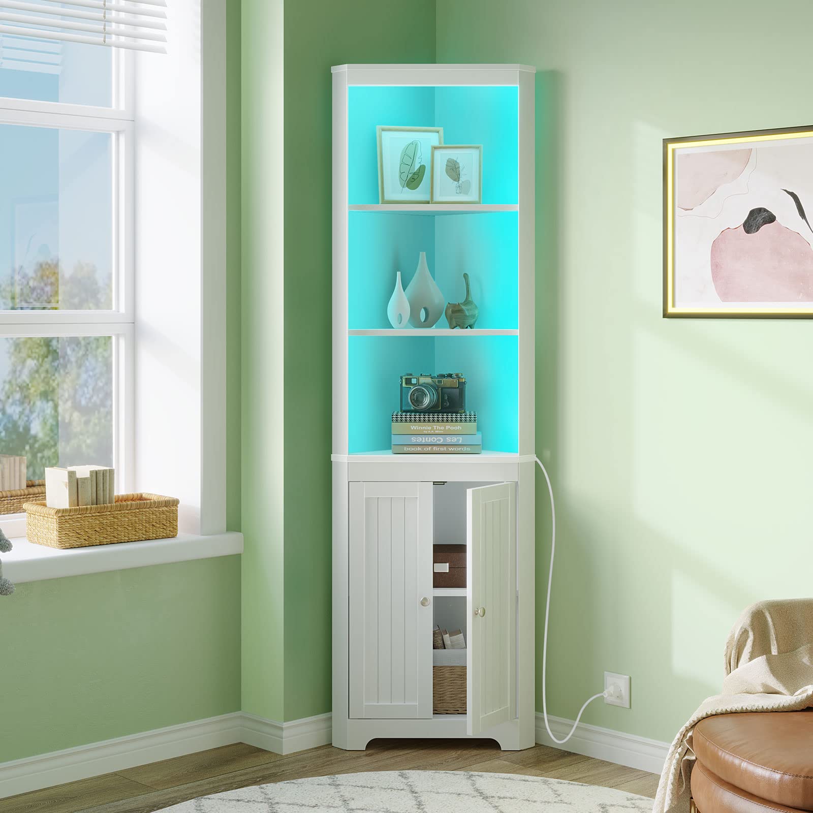 Corner Shelf with LED Light, White Corner Cabinet, 5-Tier Storage Cabinet with Doors
