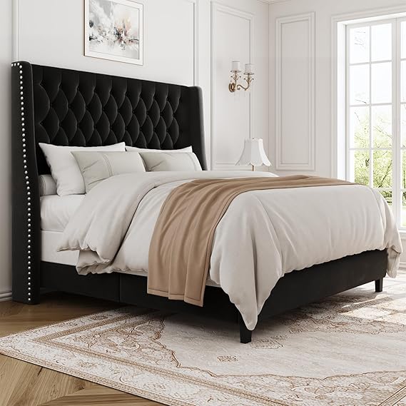 Queen Upholstered Bed Frame with 55" Tufted Headboard - Platform Bed, No Box Spring Needed