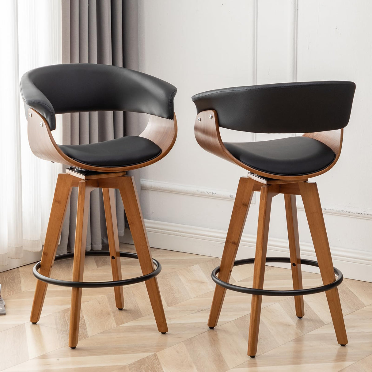 Faux Leather Bar Stools Set of 2,Counter Height Bar Stools,26 Inch Swivel Bar Stools