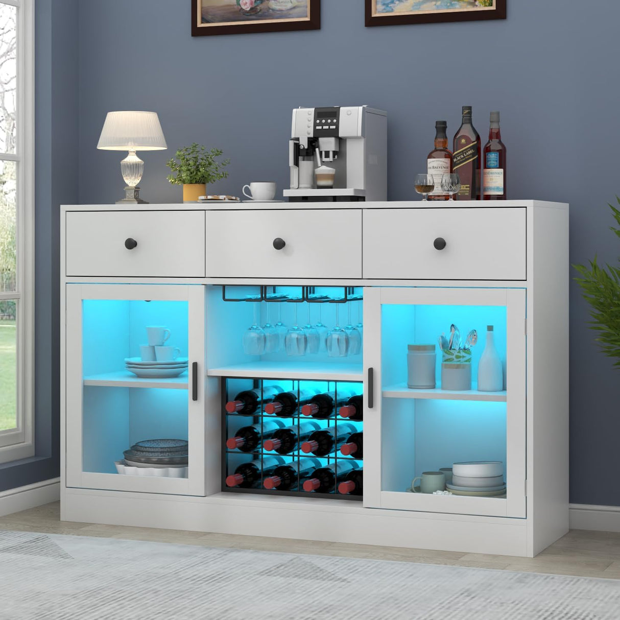 Wine Bar Cabinet with LED Light, Home Coffee Cabinet with Wine and Glass Rack