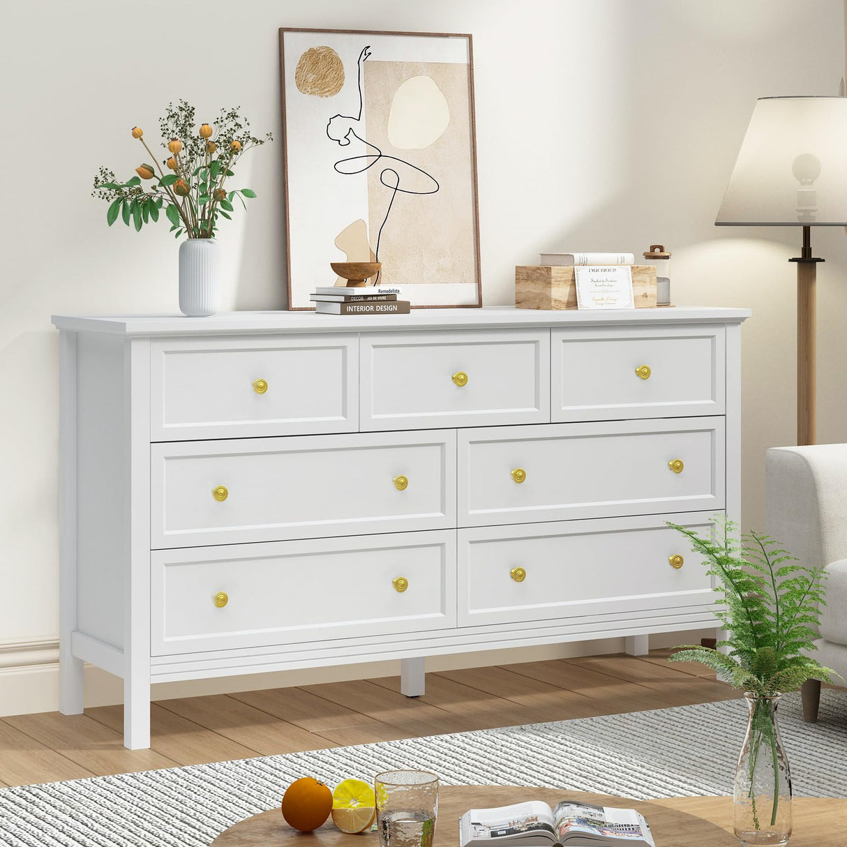 White Dresser for Bedroom, 7 Drawer Dresser with Wide Drawers