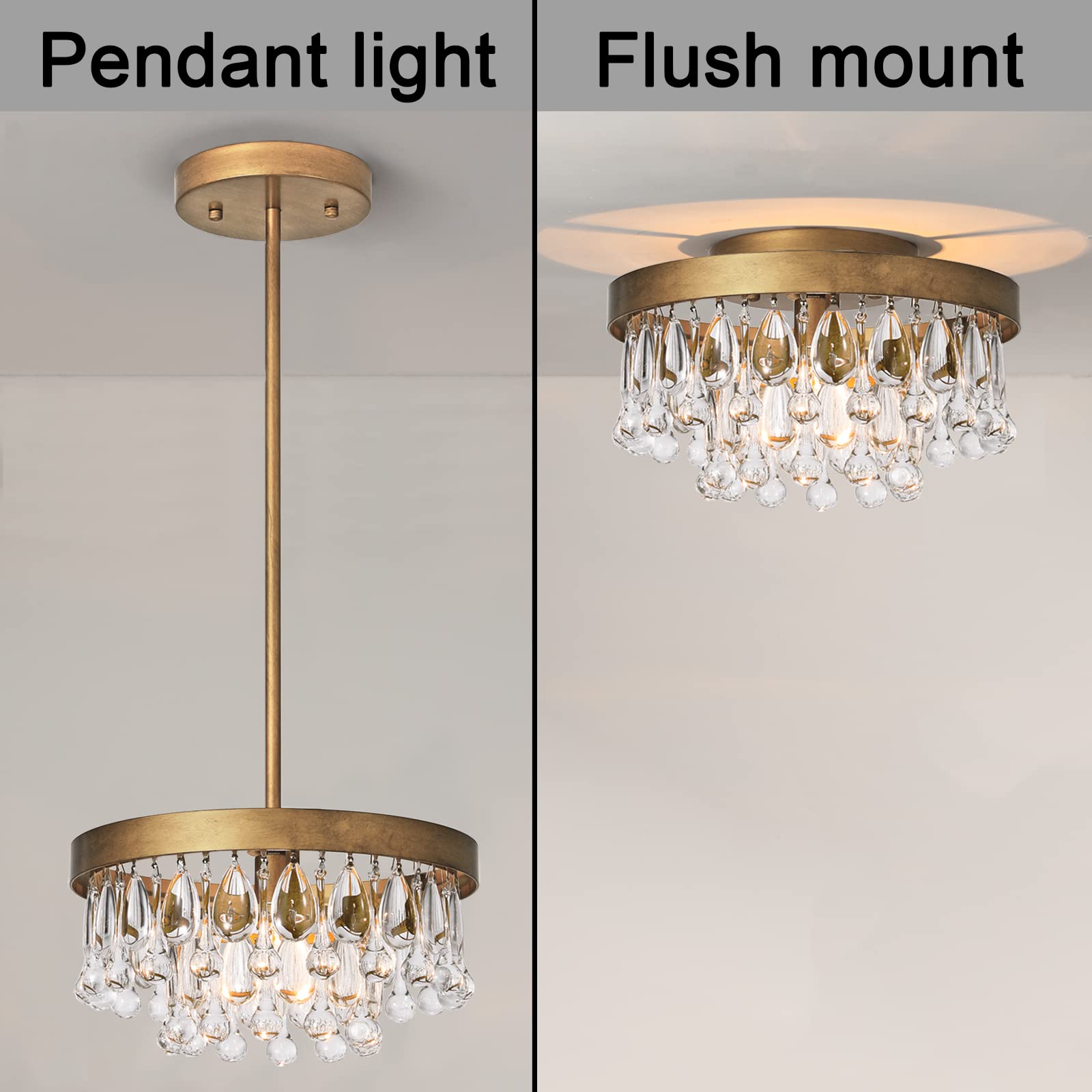 SEOL-Light Antique Gold Crystal Round Tiered Flush Chandeliers Small Pendant Light Fixture for Kitchen,Closet,Entryway,1 Light,40W,E12,12 Dia*6" H;