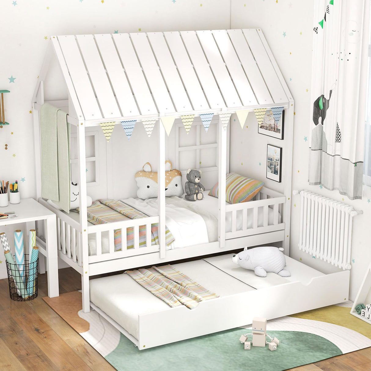 Twin House Bed with Trundle, Kids Bed Frame with 82" Tall Roof, Windows and Guardrail