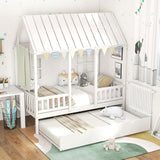 Twin House Bed with Trundle, Kids Bed Frame with 82" Tall Roof, Windows and Guardrail