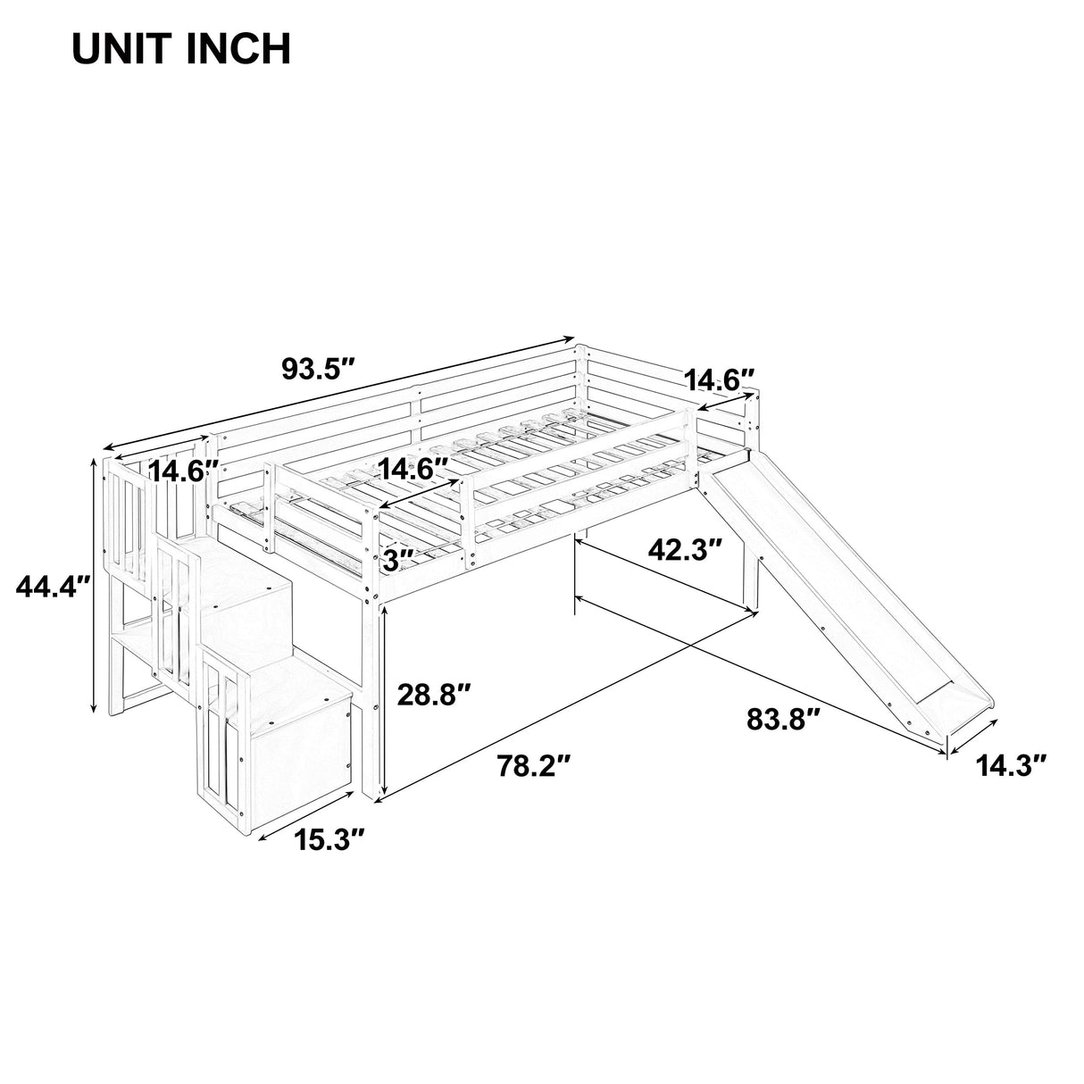 twin Loft Bed with Slide and Stairs, Solid Wood Kids Loft Bed with Full-Length Safety