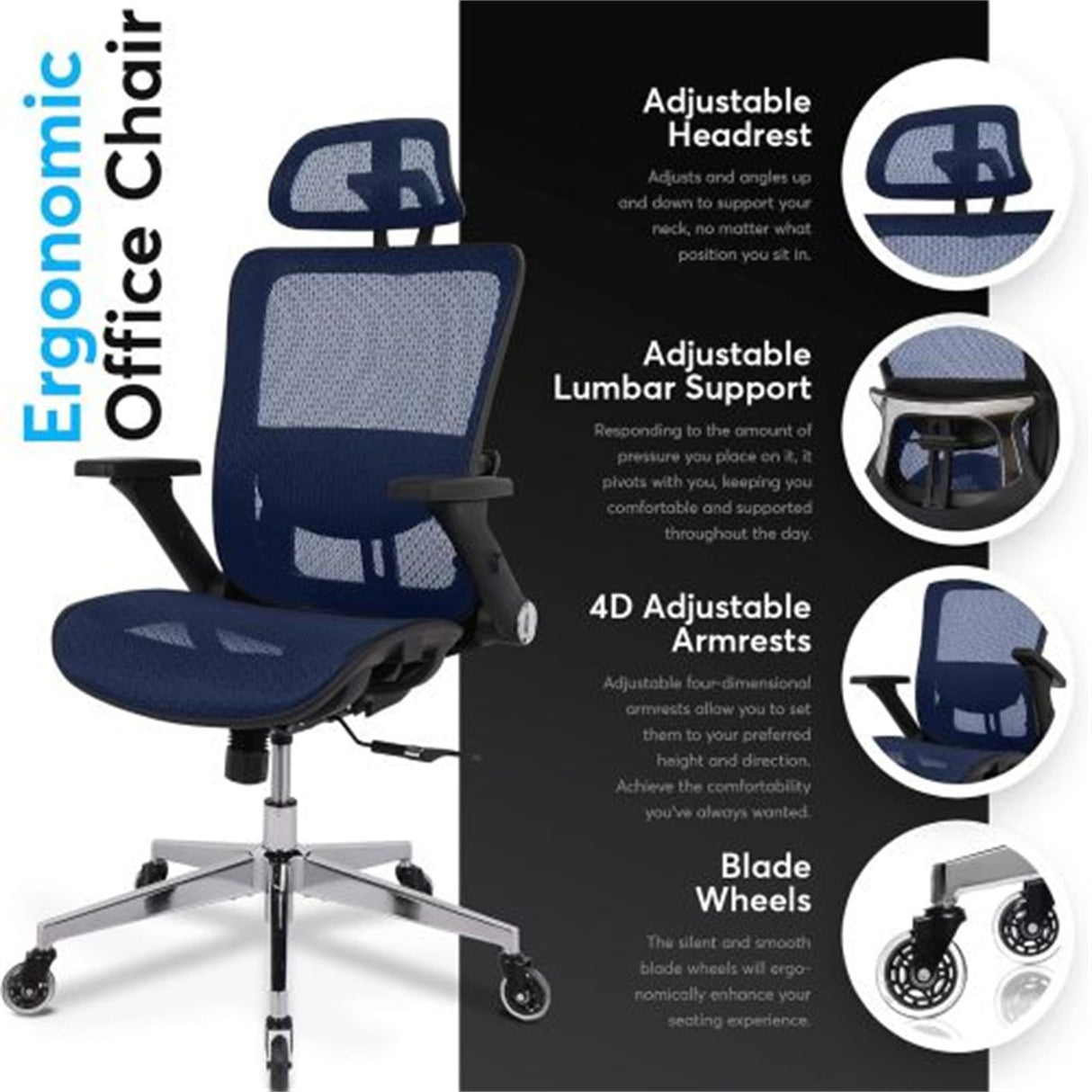 Blue Ergonomic Mesh Office Chair, High Back - Adjustable Headrest with Flip-Up Arms,